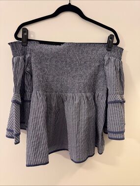 American Eagle Outfitters Navy and White Striped Off-Shoulder Peplum Top